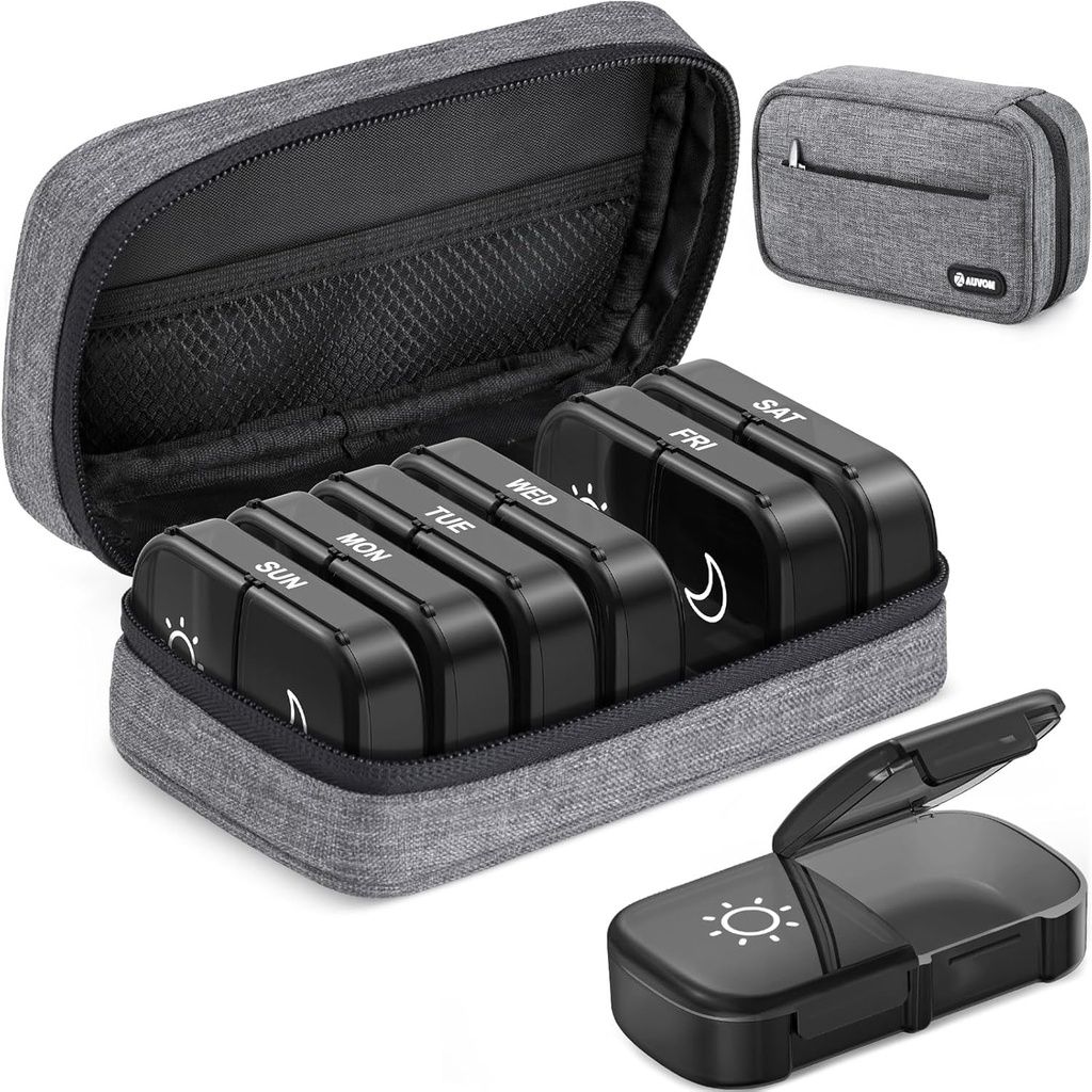 AUVON Canvas Taška XL Týdenní Pill Organizátor 2 krát denně, Travel Pill Box 7 Day s One- Side Velké otevření, AM PM Pill Pouzdro s přenosným Cloth Bag pro doplňky, Vitamíny, Rybí oleje