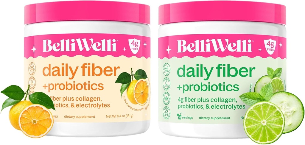 Daily Fiber Supplement Bundle s přidaným kolagen, probiotika a elektrolyty - Okurková vápna Mint & Orange Yuzu Mandarin Flavors - Podporuje trávicí zdraví, defloating & Hydration - 32 Služeb Celkem