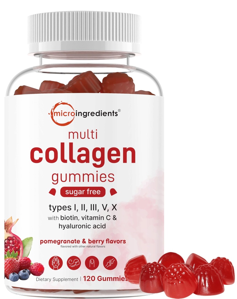 Micro Ingredients Multi kolagen Peptidy, 120 Collagen Gummies PHAR124; Typ I, II, III, V, X Protein s biotin, Hyaluronic Acid, & Vitamin C Complex PHAR124; Pomegranát & Berry ochucený PHAR124; Cukr zdarma, Non- GMO