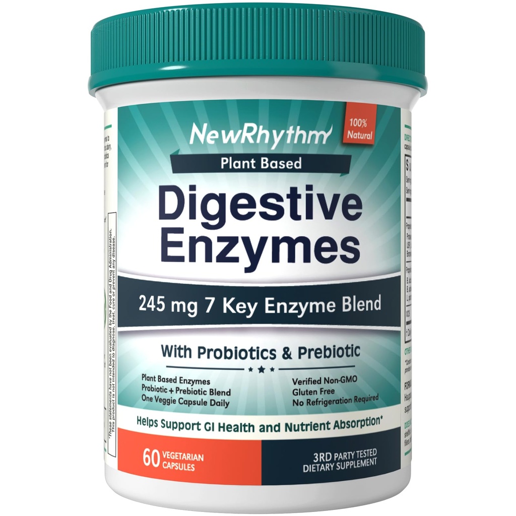 NewRhythm Digestive Enzymes 245 mg, s Probiotika a Prebiotika, Plant based, 7 klíčových enzymů, Digestion, Nutrient Absorpce, Protease Amyláza & Lipáza, 60 Veganové kapsle