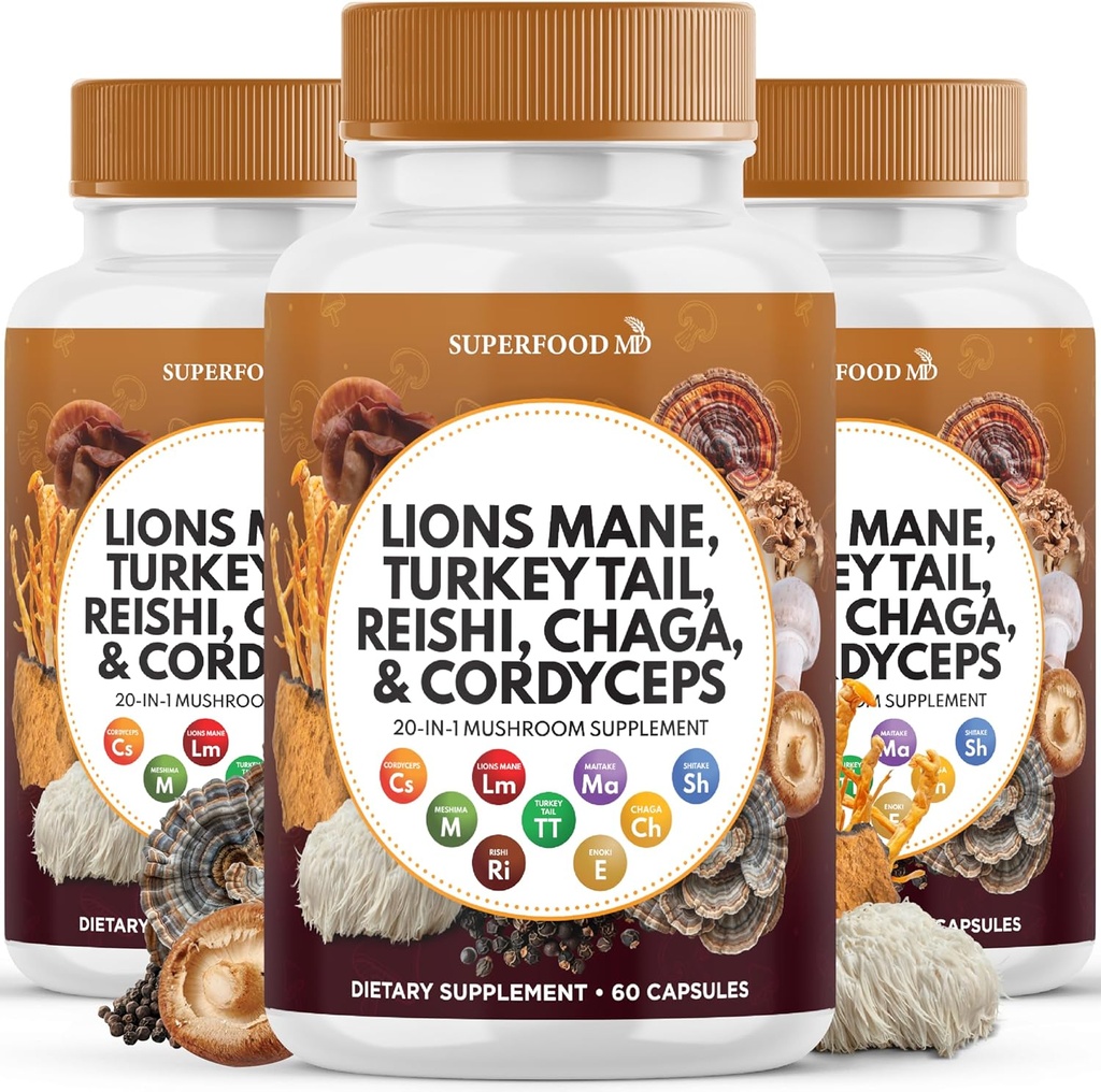 Lions Mane Houbový dodatek s krůtím ocasem Reishi Cordyceps Chaga s marshmallow Root - 180 Počet