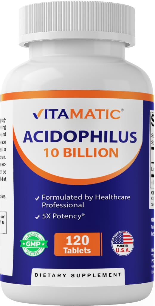 Vitamatic Acidophilus Probiotic - 10 miliard CFU - 5X Potenciál - Denní Probiotický dodatek, Podporuje stravitelné zdraví - 120 tablet