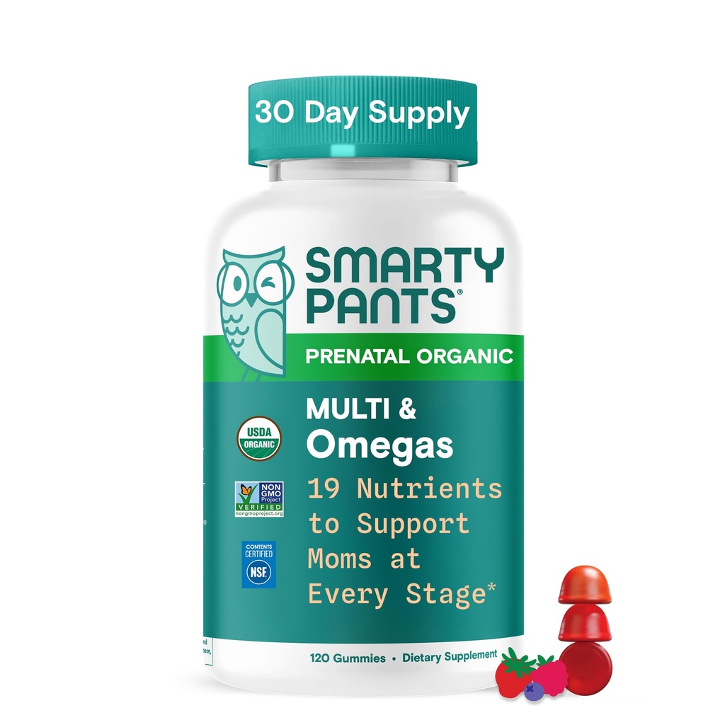 SmartyPants Organic Prenatal Vitaminy pro ženy, Multivitamin Gummies: Biotin, Methylfolát, Omega 3 (ALA), Vitamin D3, C, Vitamin B12, B6, A, K2 & Zink, Cholin, Vegetarian, 120 Day Supply (30 Day Supply)