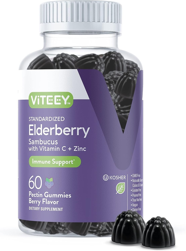Viteey Sambucus Elderberry Gummies pro dospělé - Elderberry Vitamin C a Zinek Imunity Gummies - Vegan, Gluten- Free - 60 Počet