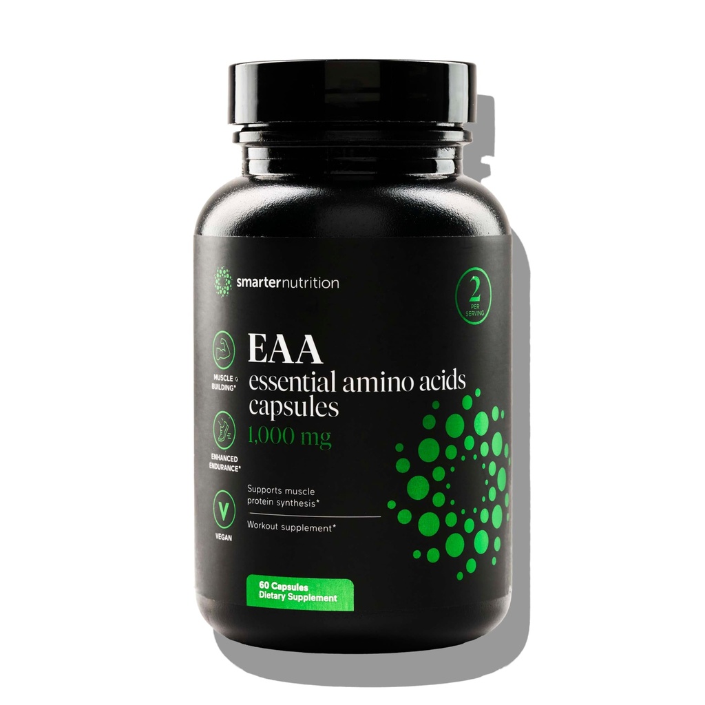 SMARTERNITION Essential Amino Acids (EAA) Kapsle - 1 Gram per Serving of All 9 EAA - Podporuje svalovou hmotu a cvičení - Non- GMO, Vegan, gluten zdarma - 60 Počet [30- denní zásobování]
