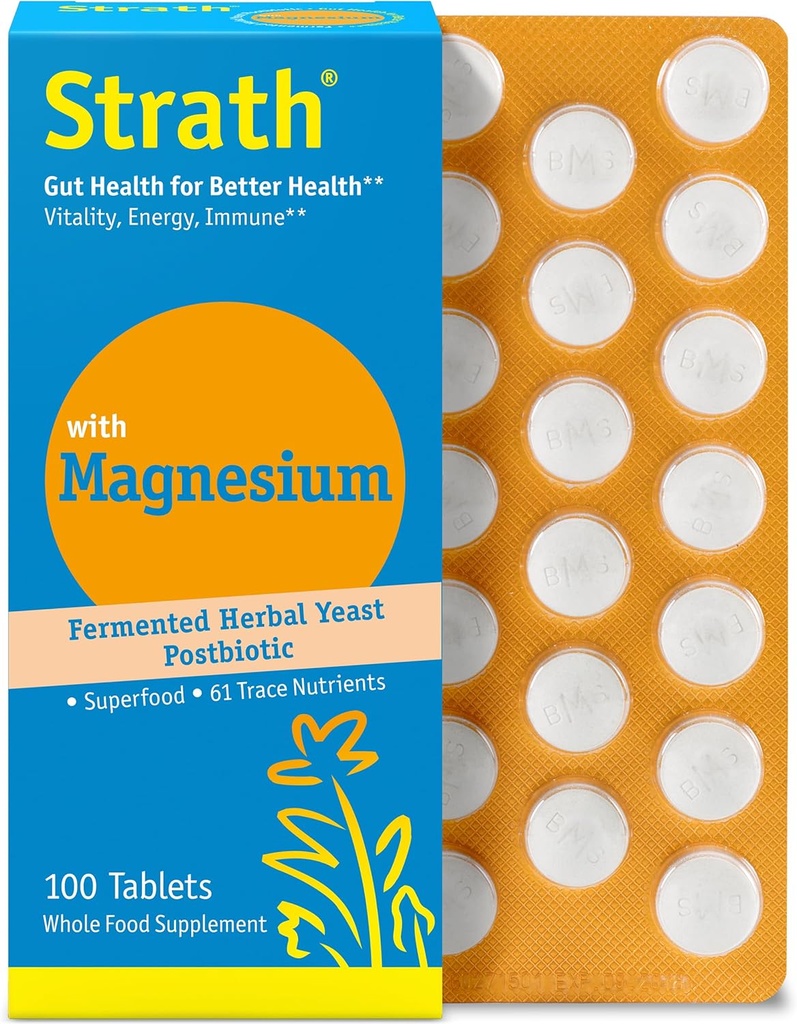 Strath with Magnesium Herbal Yeast Postbiotic 100 Tablet CLAS124; Podporuje imunitní funkci CLAS124; Promotes Wellness CLAS124; Non GMO CLAS124; Gluten Free CLAS124; Cukr zdarma CLAS124; Vegan CLAS124; Kosher