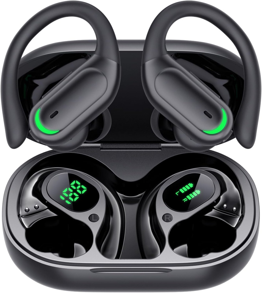 Bezdrátové sluchátka Bluetooth 5.4 Sluchátka, 96hrs Playtime, Bezdrátové nabíjení Pouzdro LED displej, Přes uši sluchátka, ENC hluk Cancelling, Hi-Fi Sound, IP7 Vodotěsné, pro sportovní cvičení (Deep Black)