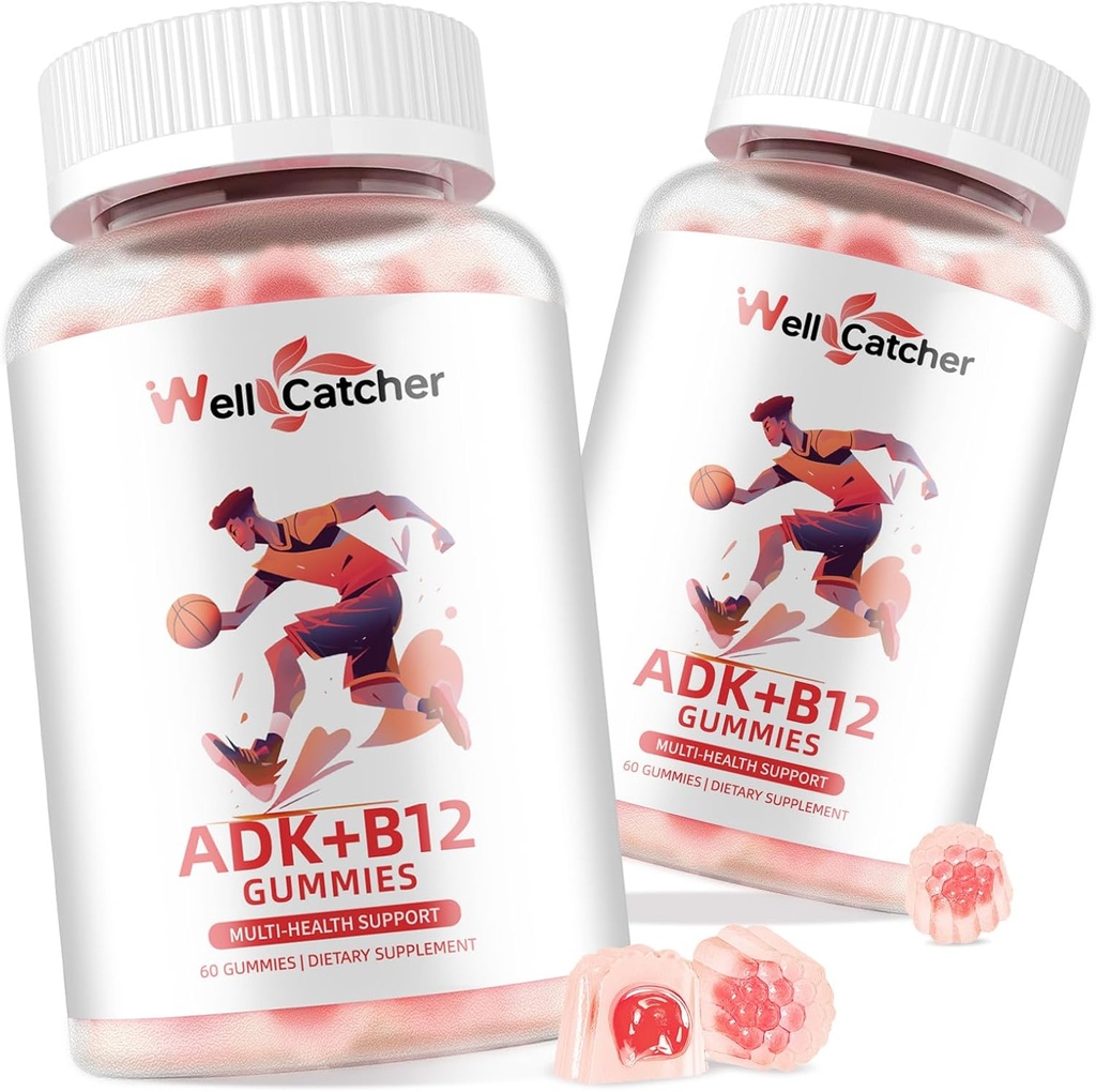 Vitamin ADK + B12 Gummies doplňky: Vitamin D3 K2 (MK-7) s B12 pro muže Žvýkací Vegan Multivitamin Podpora Kostní mozek Imunitní Oko Srdce Cukr Volný Raspberry Ochucené 2 Balení