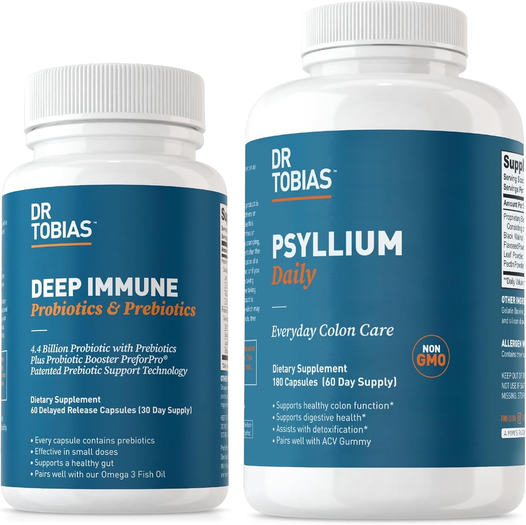 Dr. Tobias Deep Imunní Probiotika & Prebiotika a Psyllium Daily, podporuje trávicí zdraví, Gut imunitní funkce, Denní Fiber dodatek v podpoře Colon zdraví s 4.4. Bilion CFU
