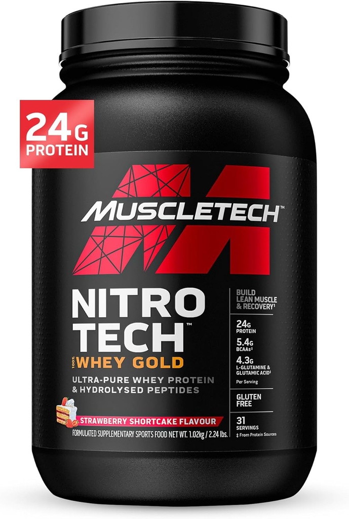 Syrovátkový proteinový prášek, MuscleTech nitro- Tech syrovátkový prášek, syrovátkový protein izolát Smoothie Mix, proteinový prášek pro ženy a muže, jahodový protein prášek, 2 kg (28 Serv)