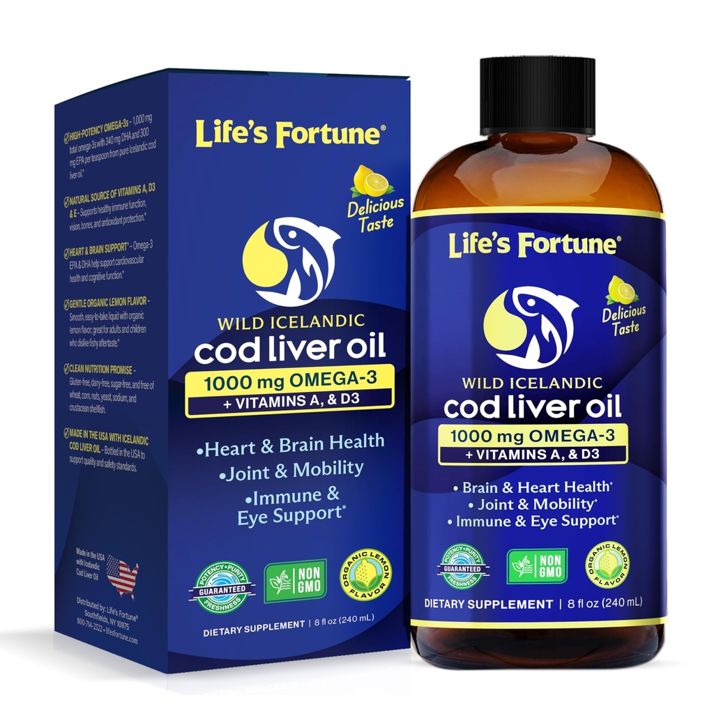 Life 's Fortune Cod Liquid Oil Liquid Organic Lemon Flavor (8 Oz) 1000 mg Omega + vitamín A, E & D3 - Podporuje imunitní zdraví - 100% doplněk rybího oleje z Wild Ocean Cod- GMO zdarma