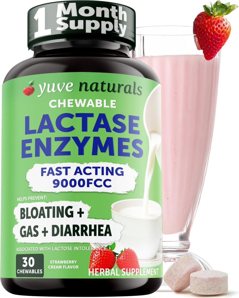 Yuve Natural Fast Acting Dairy Relief Delicious Chewables - Lactase Enzyme 9000 FCC - Rozlučte se s Dairy Discomform z intolerance laktózy - Jahodový krém Flavor - 30ct