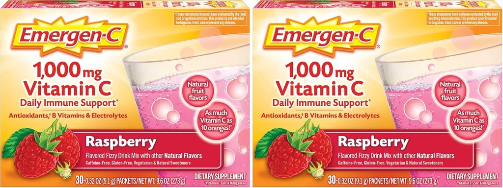Emergen-C (30 hrabě, Malina Flavor, 1 měsíc Supply Dietní doplněk Fizzy Drink Mix s 1000mg vitaminu C, 0.32 Ounce Packets, kofein zdarma (balení po 2)
