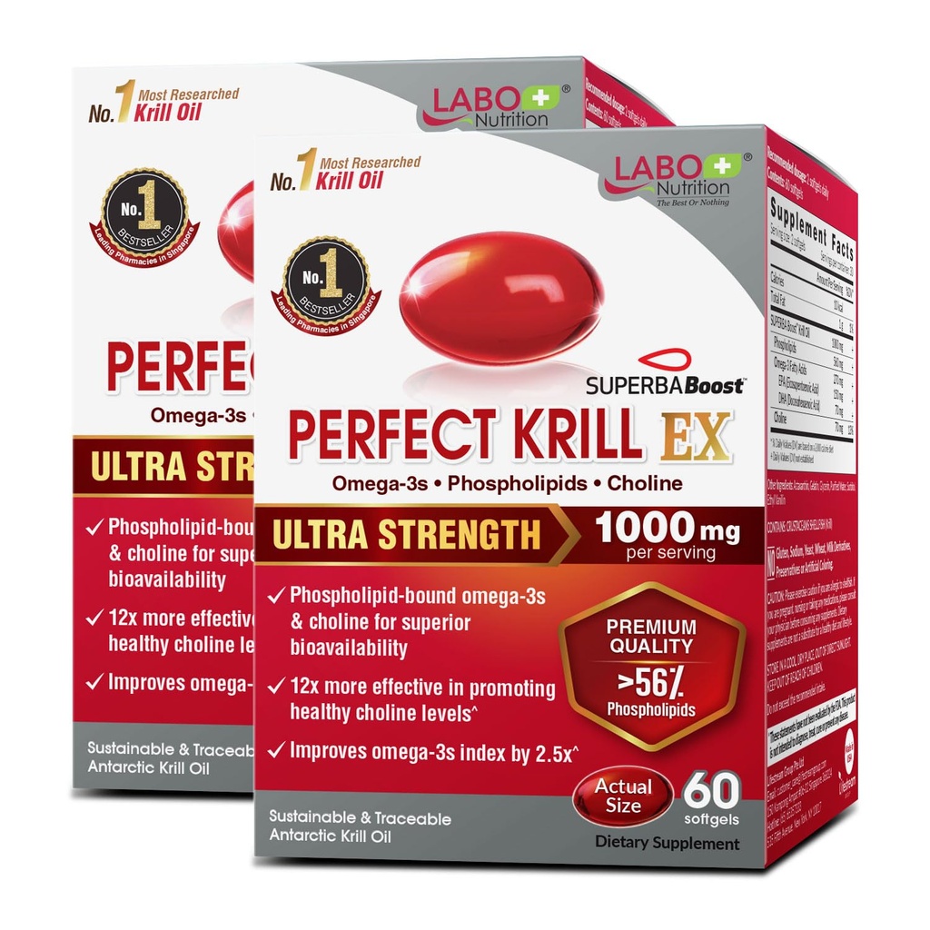 LABO Nutrition Perfect Krill EX, 1000mg Antarktický krilový olej Omega 3 EPA DHA, nejvyšší fosfolipidy (více než 56%) s Choline, Astaxanthin crill 124; Heart Brain Eye Joint Health, Made in USA, 60 softgelsX2