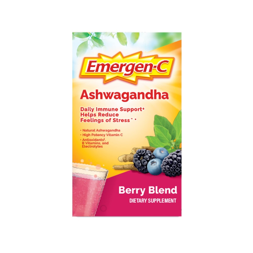 Emergen-C Vitamin C Ashwagandha Drink Mix, Dietní dodatek pro imunitní podporu, Berry Blend, Zpět do školy Essentials - 18 Počet