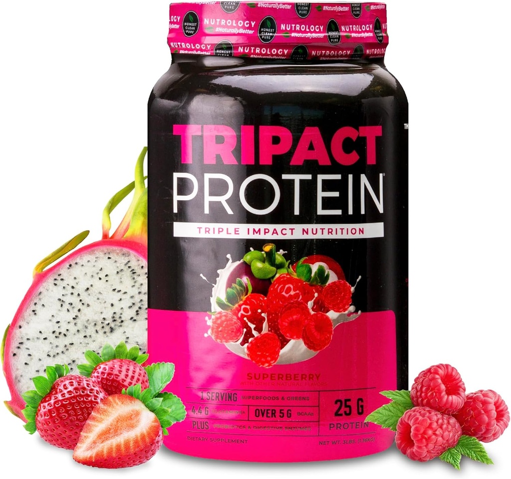 Nutrology TRIPACT Protein Powder - 7- in-1 Strava Náhradní Shake s travnatým syrovátkovým práškem, Pea, Rýže, Zelená pro svalovou obnovu a imunitu, Superberry Flavor, 40 Doručování
