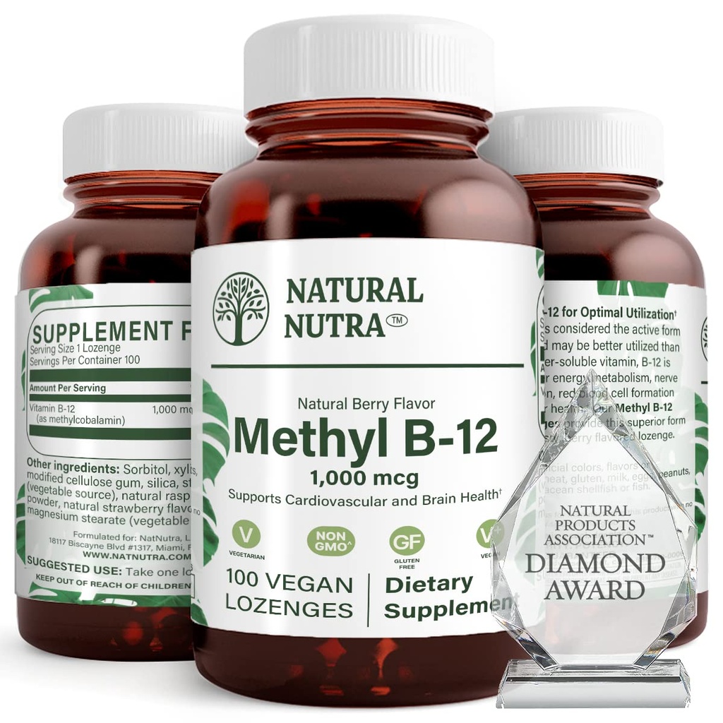 Natural Nutra Vegan methyl B12 1000mcg, Heart Health and Energy Booster Dodatek, Gluten zdarma, Podpora energie transformace, Vylepšení imunitní reakce, Nápověda funkce mozku, 100 Vegan Lozenges