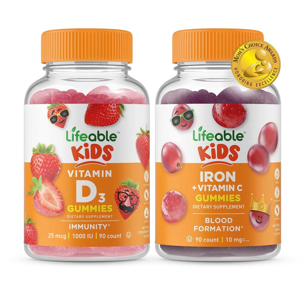 Živý vitamín D Děti + Železo a vitamín C Děti, Gummies Bundle - Velký Ochutnávání, Vitamin dodatek, Lepek zdarma, GMO zdarma, Žvýkací Gummy