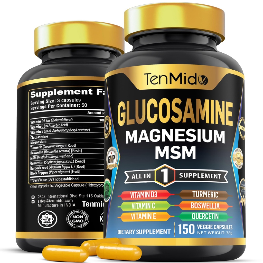 Glucosamine MSM dodatek pro muže a ženy - 11in1 Formule - Kombinace s hořčíkem, turmeric, Boswellia, Quercetin, Burdock Kořen, a více 124; Podpora společné & mobility - 150 Kapsle