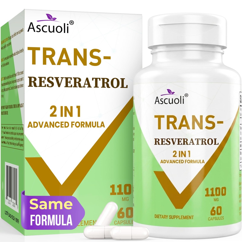 99% Ultra čistota Trans- Resveratrol 1100mg, 3-in-1 Advanced Formule Organic Resveratrol Dodatek, Max Antioxidant, Anti- Aging, Skin Health, Opravy buněk, Zvýšení NAD +, Imunity & Energy, 60 Caps
