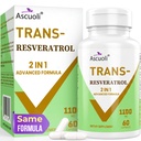 99% Ultra čistota Trans- Resveratrol 1100mg, 3-in-1 Advanced Formule Organic Resveratrol Dodatek, Max Antioxidant, Anti- Aging, Skin Health, Opravy buněk, Zvýšení NAD +, Imunity & Energy, 60 Caps