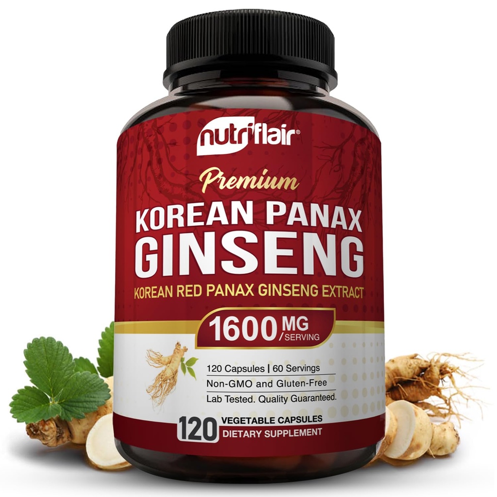 NutriFlair Korean Red Panax Ginseng 1600mg - 120 Vegan Kapsle 124; 5% Ginsenosids CY124; Non- GMO, gluten- Free CY124; Natural Energy & Focus Support CY124; Made in USA