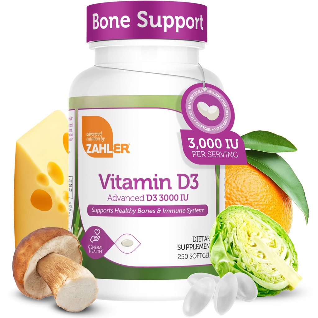 Zahler Vitamin D3 3000IU, Vitamin D3 Dodatek 3000 IU, Certified Kosher (250 Softgels)