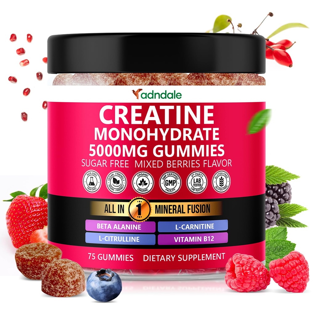 Adndale Creatine Monohydrát Gummies pro muže a ženy, 5000mg na Serving Creatine Dodatek s Beta- Alanin, L- Citrulline & B12 - 75 Vegan Gummies. Bez cukru