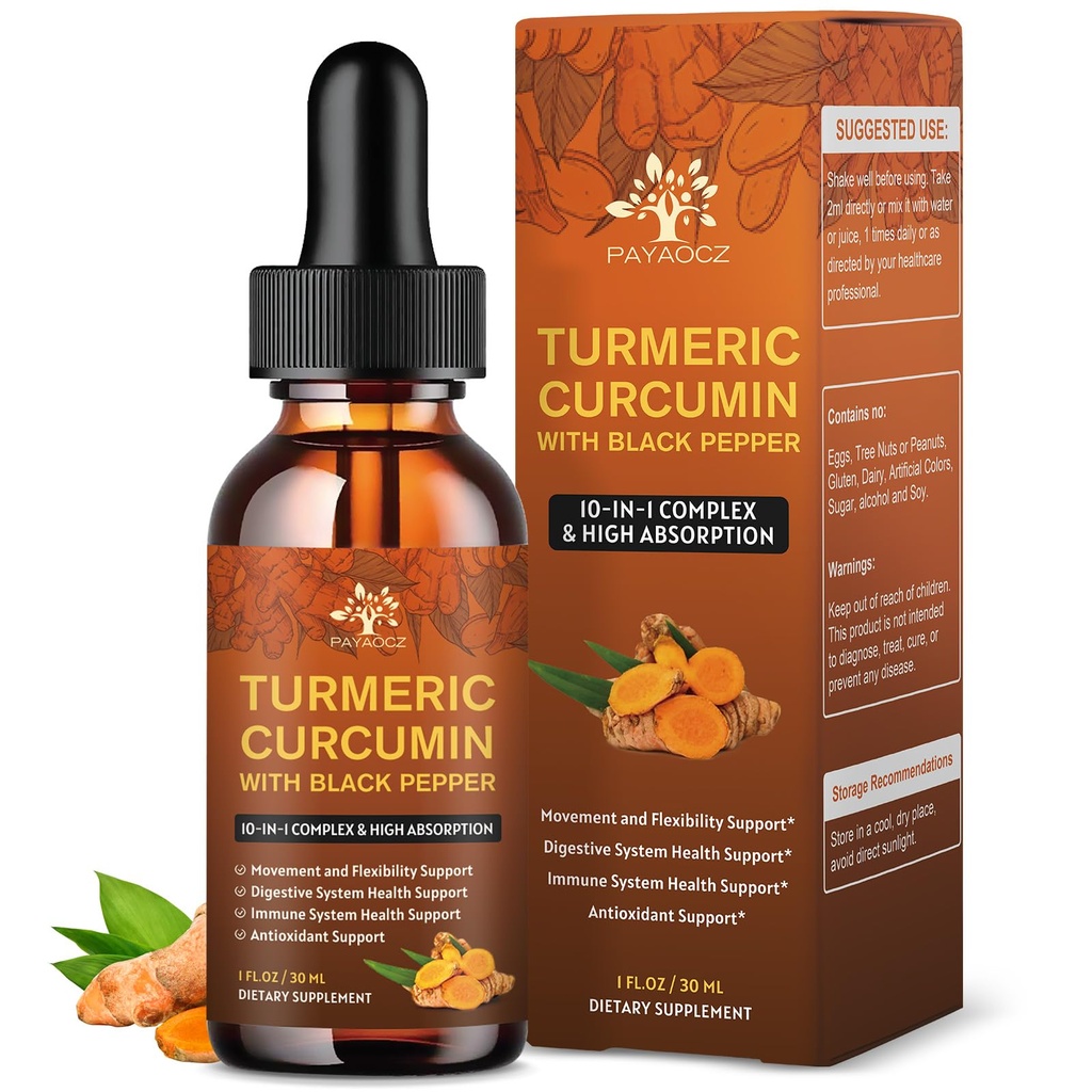 (2 Pack) Organic Turmeric Curcumin Supplement with Black Pepper and Ginger - Liquid Turmeric Extract Drops (with Cinnamon, Rosemary) - Podpora mobility a flexibility a stravitelné zdraví - 1 Fl Oz
