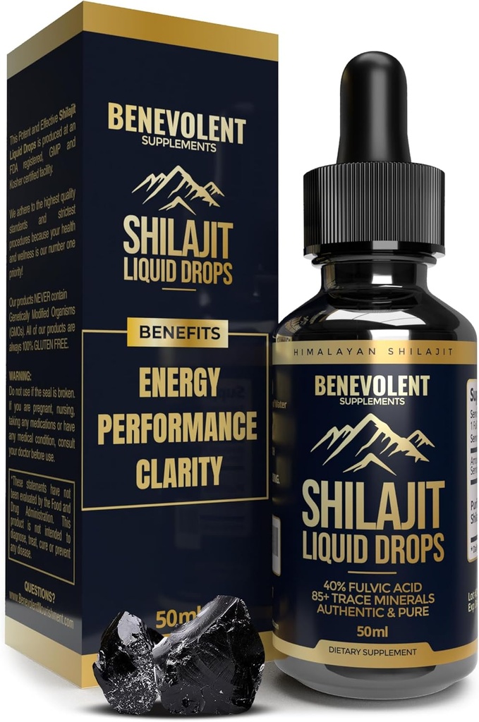 Čisté Himalayan Shilajit Liquid Drops - 1000mg Natural Shilajit Drops - 85 + stopové minerály & 40% Fulvic Acid for Energy Boost, Detox Cleanse, Strength & Immunity Support - 50 Day Supply