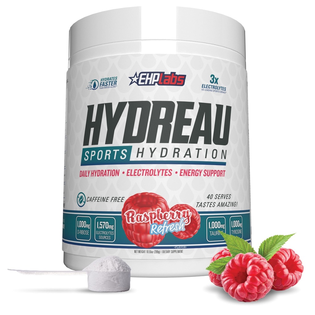 HP Labs Hydreau Electrolytes Powder No Sugar - Hydration Powder for Endurance & Energy - Electrolyte Powder for Men & Women - Sugar Free Electrolytes - Raspberry Refresh (40 Serves)