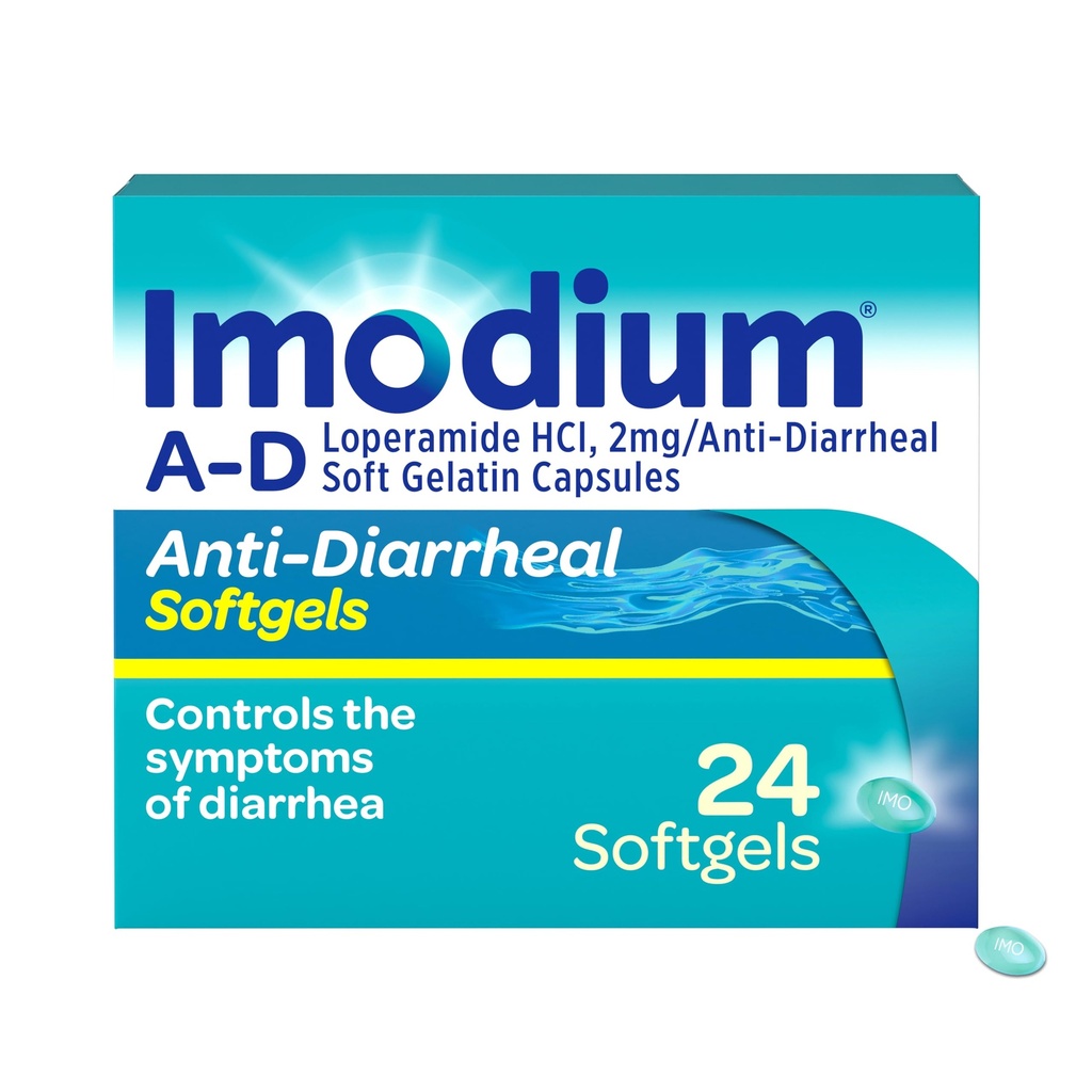 Imodium A-D Fast- acting Anti- Diarrheal Softgels, Loperamid HCl 2 mg, Cestování Essential Diarhea Relief Medicine pro dospělé, 24 Počet, Anti Diarhea pilulky, Ages 12 +, Snadno polykat