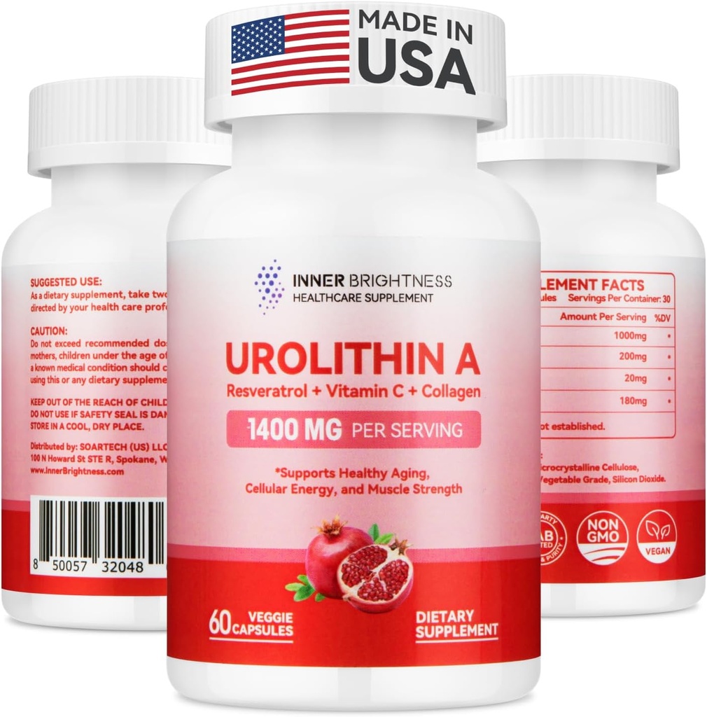 Urolithin A dodatek 1400 MG - Non- GMO, gluten- Free, Anti- Aging, Buněčná obnova, Svalová síla, Vytrvalost & Dlouhověkost Podpora, Liposomální Urolithin A, 60 Počet