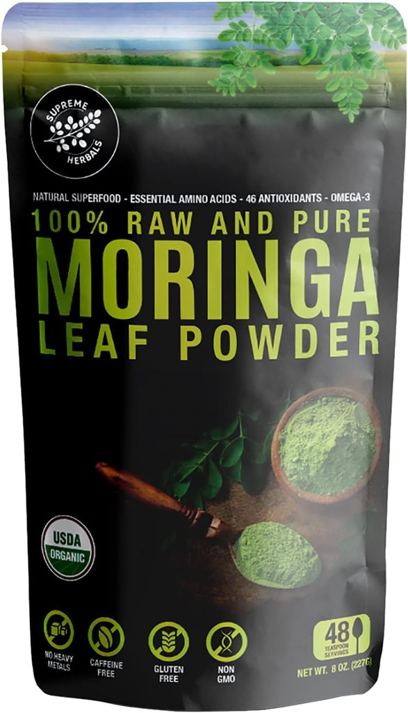 100% syrový a čistý prášek z Moringa Leaf. Organic Certified Moringa Leaf. Přírodní Superfood s esenciální aminokyseliny, antioxidanty, a Omega 3, 8 oz Resealable Bag.