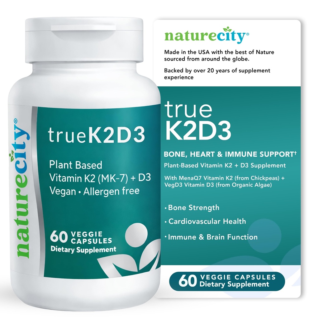NatureCity TrueK2D3 rostlinný vitamin K2 MK7 (90 mcg) & D3 z řas (2,500 IU) 2 v 1 vitamin D3 K2 dodatek pro kostní, srdeční a imunitní zdraví - 60 Veggie Kapsle