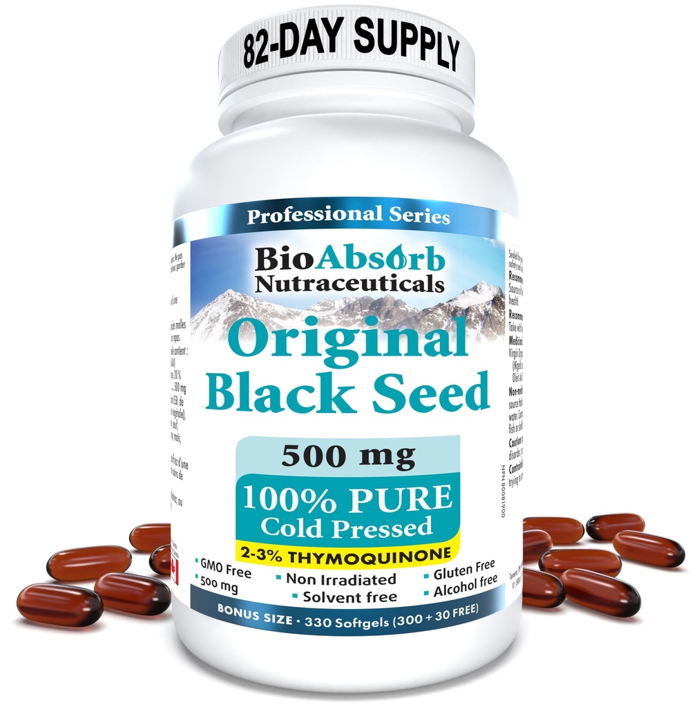 Bio Absorb Black Seed Oil Capsules, 82- Day Supply, Cold Pressed Pure Black Cumin Seed Oil (Nigella Sativa) (330 softgels, 500mg)