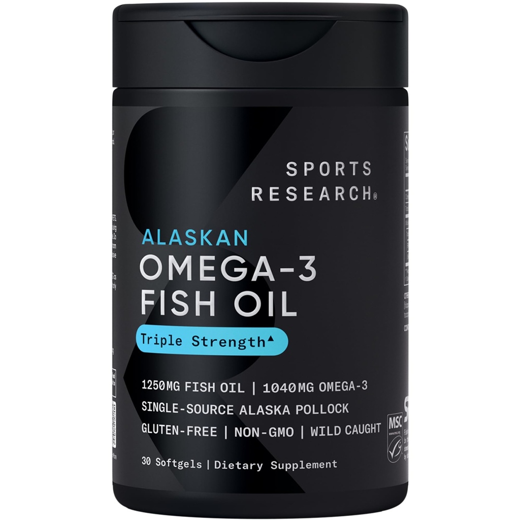 Sports Research Triple Strength Omega 3 Fish Oil 1250mg od Wild Alaskan Pollock - Neškodlivý doplněk Fish Oil s Omega33 EPA & DHA - Udržitelně sourced, non-GMO, gluten Free - 30 Softgels