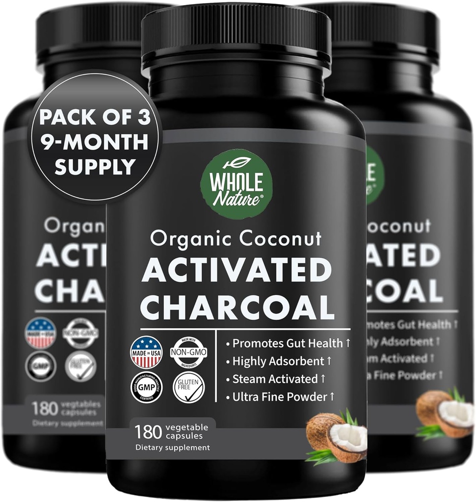 Kokosový aktivní Charcoal Kapsle, 180 Charcoal Kapsle, Bělení zubů, Pomáhá zácpa, Bloating, Žaludeční plyn, Heartburn, čistý kokos Derived dodatek (3)