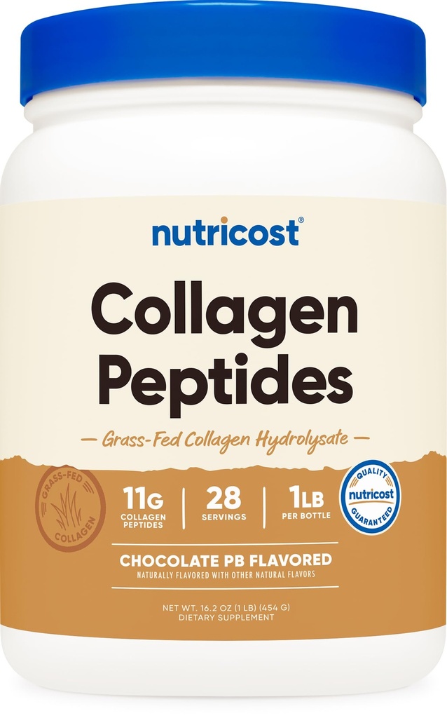 Nutricost Collagen Peptides Powder (čokoládové arašídové máslo ochucené) 1 LB - Grass- Fed kolagen Hydrolyzát, bezlepkové