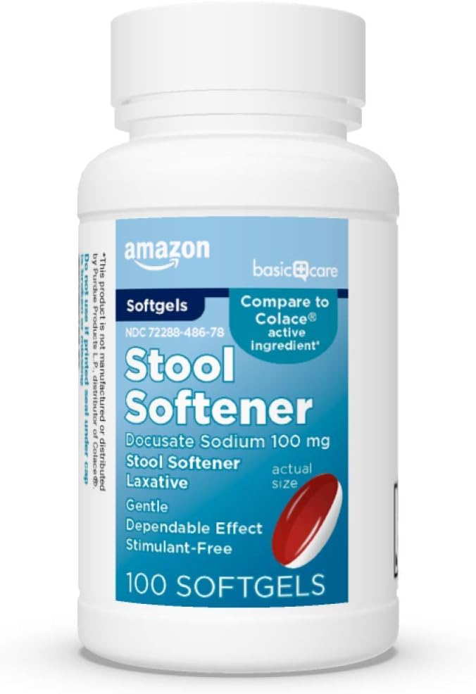 Basic Care Stool Softener Laxative, Docusate Sodium 100 mg, Softgels, For Constolly Relief, 100 Počet