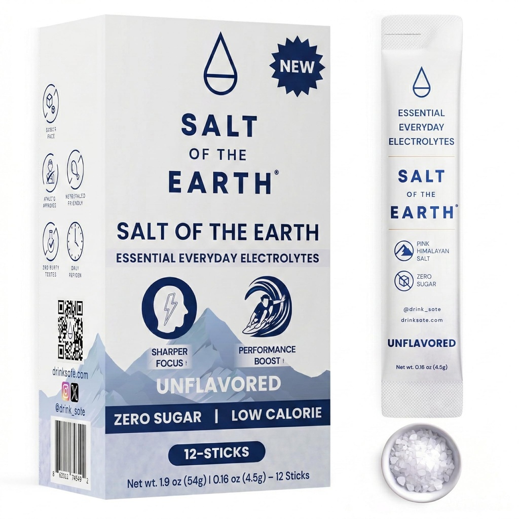 Salt of the Earth Premium Zero- Sugar Electrolyte - Made with Pink Himaláyan Salt - Hydration Powder Packets CU124; Premium ingredience CU124; Keto & Paleo Friendly CU124; 12 Sticks, Neochucené
