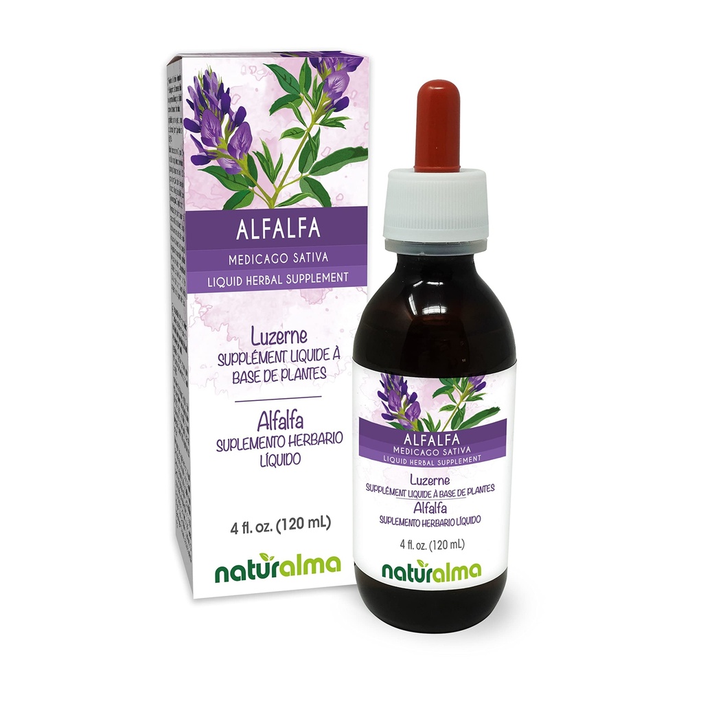 Naturalma Alfalfa nebo Lucerne (Medicago Sativa) bylina s květinami Alcohol- zdarma tinktura - bohaté na přírodní chlorofyl - 4 fl oz tekutý extrakt v kapkách - Bylinný dodatek - Vegan