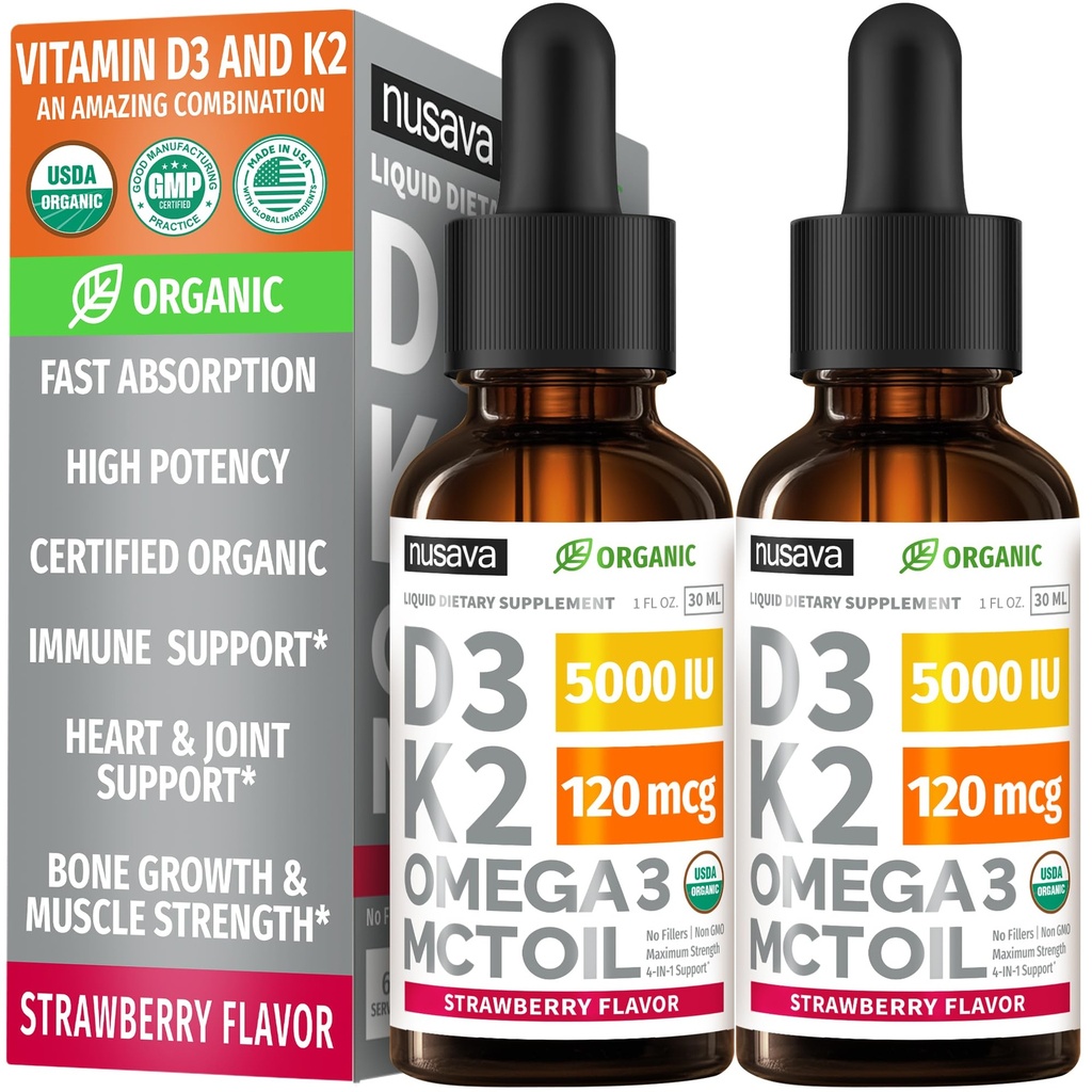 (2 Pack) Organic Vitamin D3 K2 Kapky 5000 IU s MCT Oil Omega 3 - Maximální síla tekutý D3 bez plnidel, Non- GMO pro rychlejší absorpci, imunitní podpora (Jahoda, 2 Fl Oz)