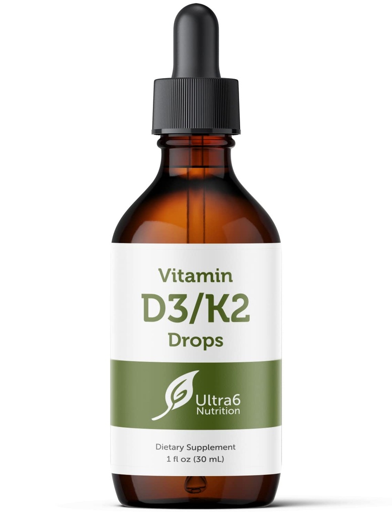 Ultra6 Nutriční vitamin D a K2 kapky - tekutý vitamin D3 s K2 doplňky pro dospělé - Easy- to- Take, Flavor- Free, Vysoce absorbovatelné VIT D3 a K2 doplňky, Vyrobeno v USA (30 ml)