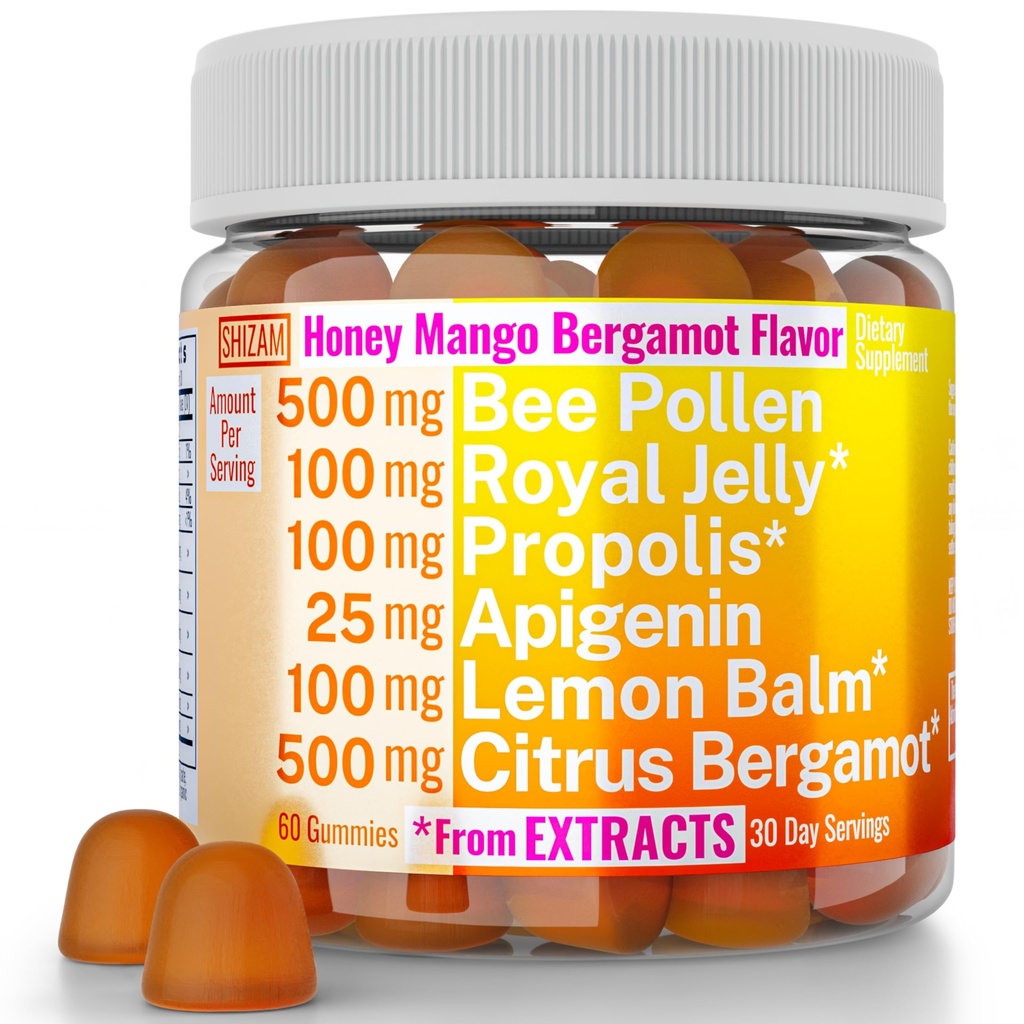 Bee Pollen Apigenin Citrus Bergamot Gummies w Organic Propolis Royal Jelly Med Lemon Balm Extract, Dodatek pro muže děti, Tincture kapky prášek kapsle Herb Kapsle doplňky Alt, Pollan Polen