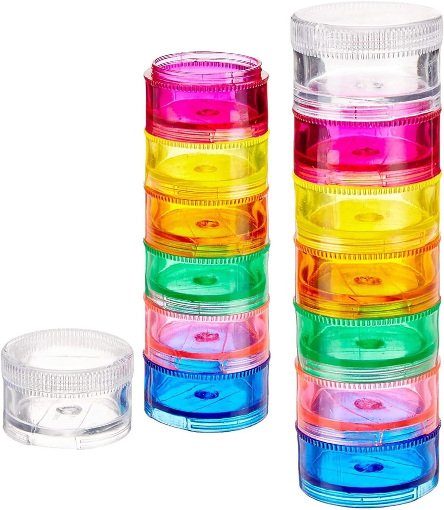Deke Home - Stackable Pill Organizer (2 Pack), 7 Day Weekly Pill Box Tower with Twist Lock Compartments, BPA-Free, Travel Medicine Holder & Vitamin Dispenser, Kompact & Přenosné pouzdro, Rainbow Barevné