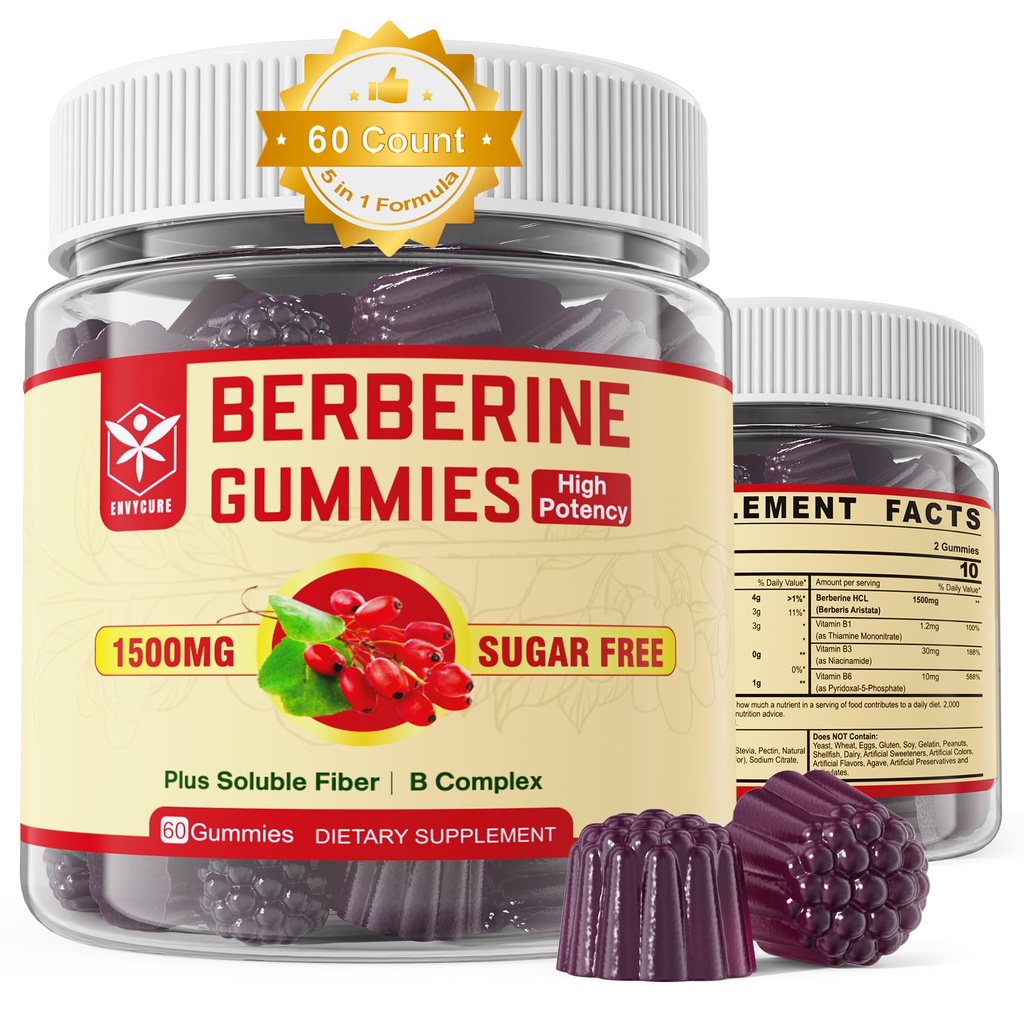 Doplněk k Berberine 1500mg s rozpustným fiberem, B1, B3 & B6, bez cukru Berberine HCL Gummies, Activitor vysoké biologické dostupnosti AMPK pro Mętâbõlism Balanced, Daily Digestive & Body Mânâgęmęnt, 60 Cts