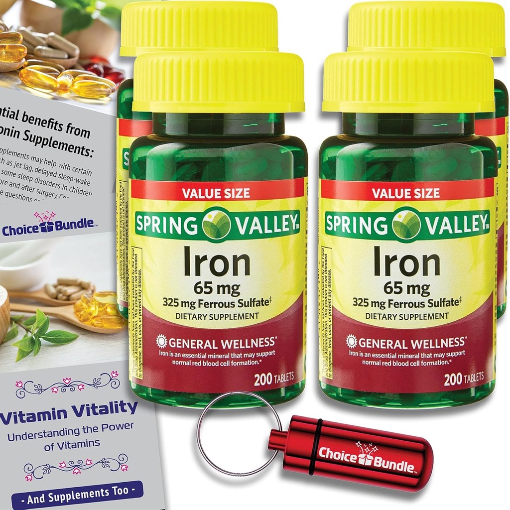 Jarní údolí Železné Tablety Dietní dodatek Hodnota Velikost 65 mg 200 CT 4 Pk Choice Bundle (800 Celkem) + Vitality Guide & Pill Container (6 položek)!