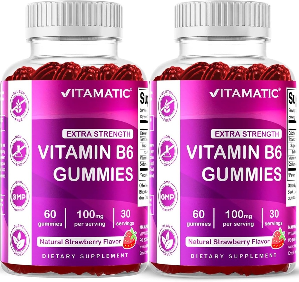 Vitamatic 2 Balení Vitamin B6 100mg Gummies - Přírodní jahodové aroma - 60 Pectin- based Gummies per Bottle - Nervový systém a podpora energie