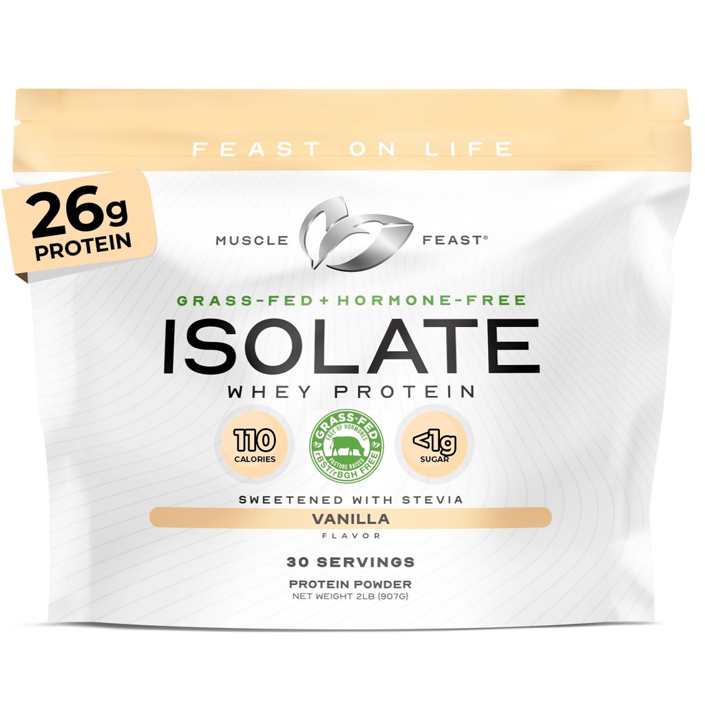 Muscle Feat Grass-Fed syrovátkový protein izolát, všechny přírodní hormon zdarma pastviny zvýšené, syrovátkový izolát protein prášek pro muže a ženy, čisté, gluten- free, Delicious izolát protein - Vanilla, 2lb